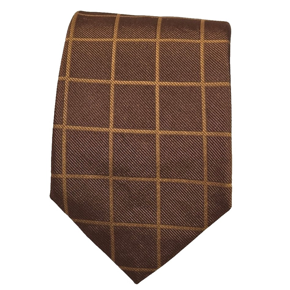Ermenegildo Zegna Brown & Gold Grid Tie 100% Silk Men's Necktie